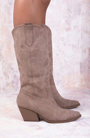 Taupe Mid Calf Embroidery Faux Suede Cowboy Boot