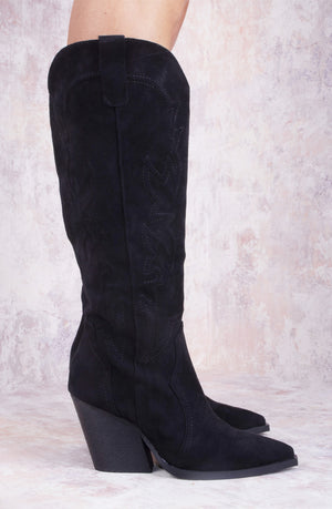 Black Faux Suede Knee High Block Heel Cowboy Boots