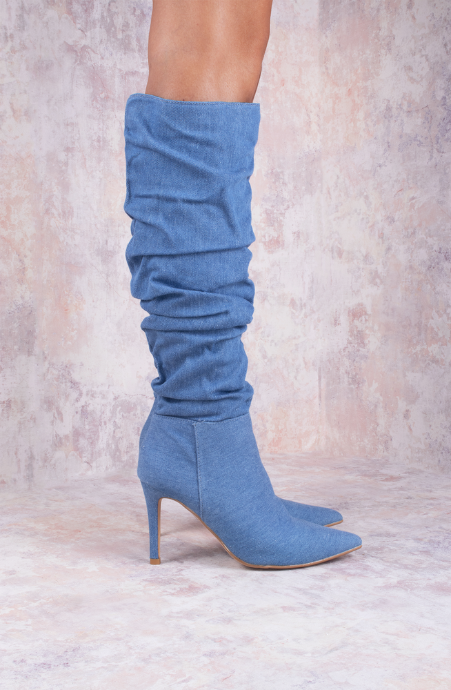 Denim Ruched Pointed Toe Stiletto High Heel Knee High Boots