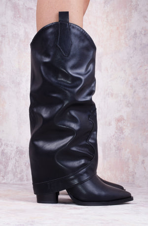 Black PU Leather Shark Fold Over Tab Detail Cowboy Boots