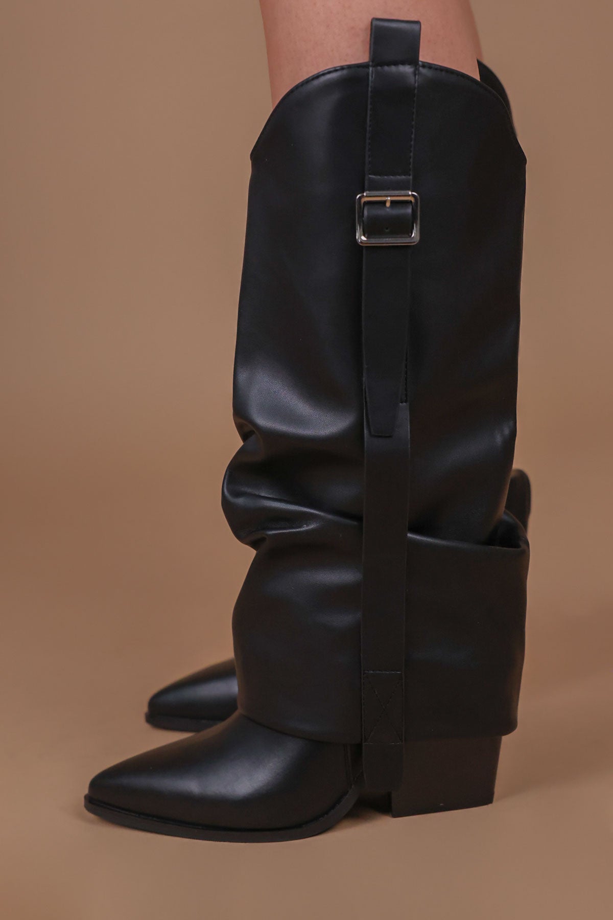 Womens Black Faux Leather Ruched Fold Over Knee High Western Cowboy ...