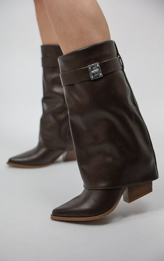 Brown Fold Over Cowboy Lock Detail Calf Boots