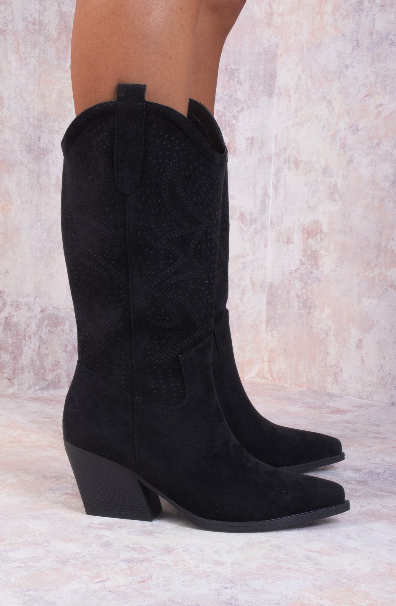 Black Almond Toe Mid Calf Embroidered Cowboy Boot
