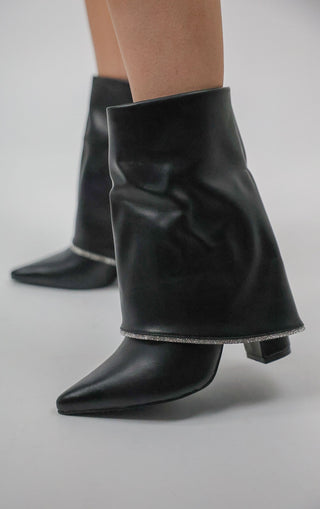 Black Block Heel Fold Over Diamante Trim Ankle Shark Boots