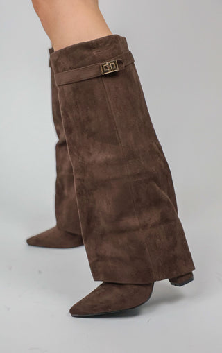 Brown Faux Suede Fold Over Shark Classic Buckle Knee High Boot