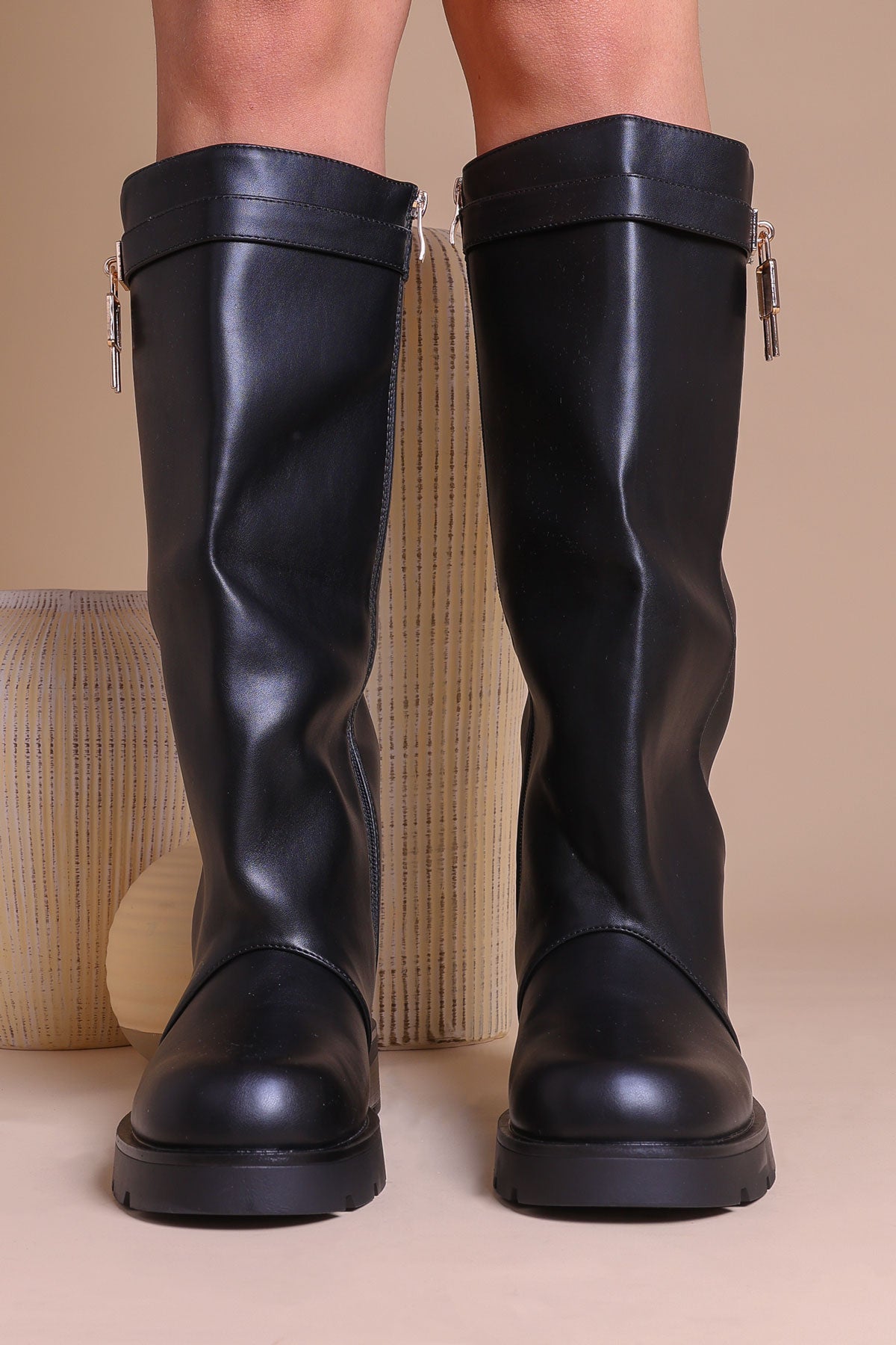 Womens Black Chunky Fold Over Knee-High Boots with Pad Lock design ...