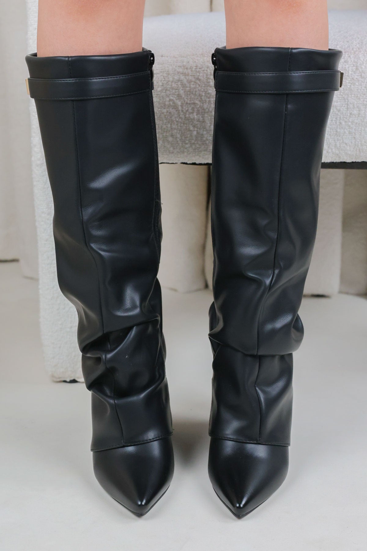 Black Faux Leather Slouchy Fold Over Shark Boots