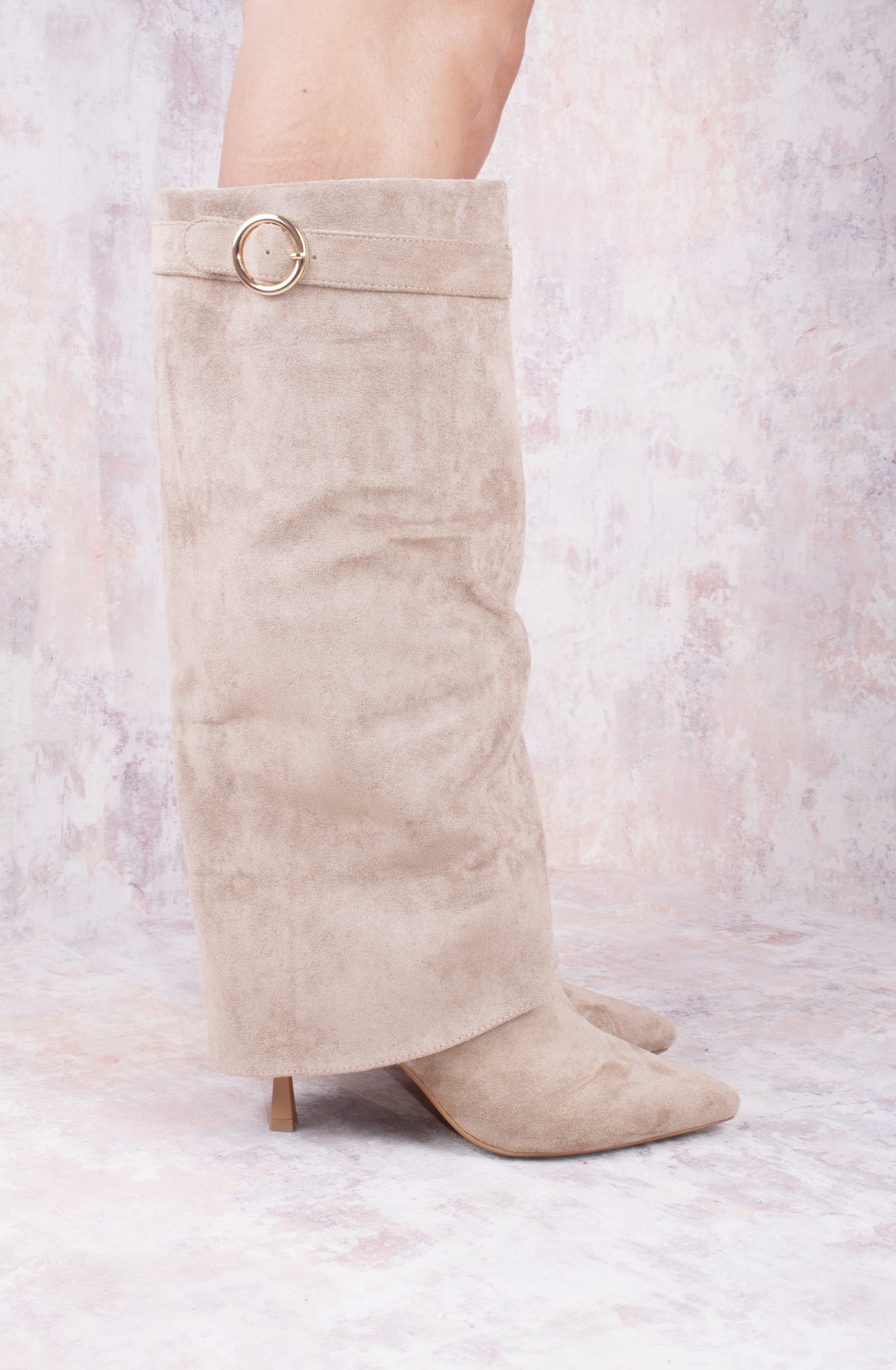 Taupe Stiletto Faux Suede Fold Over Shark Classic Buckle Knee High Boot