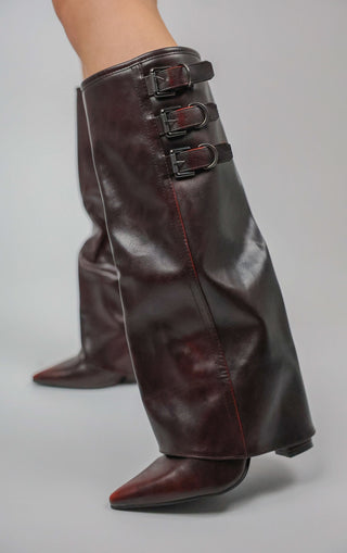 Wine Knee High Fold Over Buckle Boots