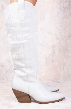 White PU Leather Western Style Knee High Cowboy Boot
