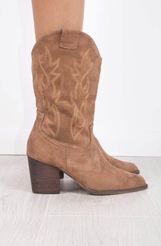 Camel Faux Suede Embroidered Western Pointed Toe Mid Calf Cowboy Boots