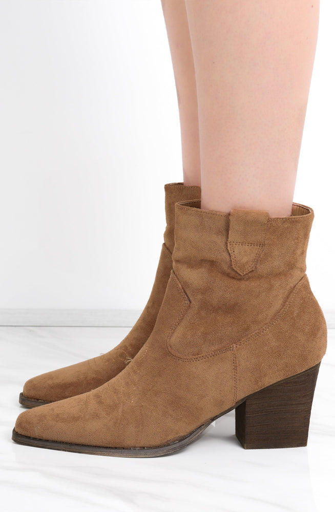 Camel Faux Suede Heeled Ankle Boots
