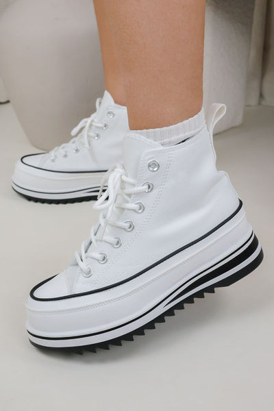 POVOGER Women's Platform Sneakers – High Top Canvas Shoes With 1.61 Inch Heel, White Casual Lace-Up Sneakers