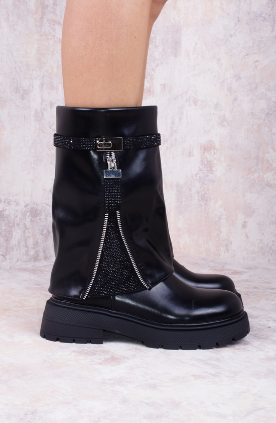 Load image into Gallery viewer, Fold Over Mid Calf Biker Boot with Rhinestone Detailing
