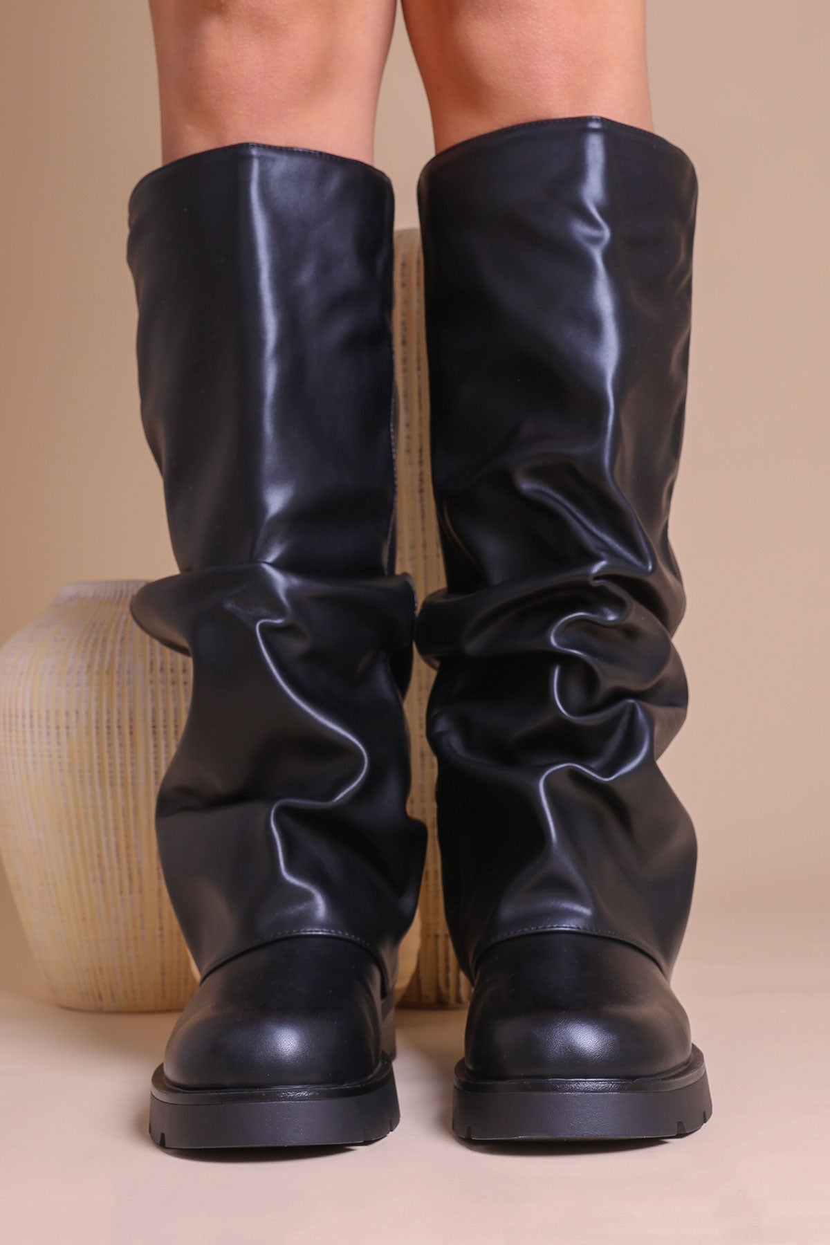 Womens Black PU Chunky Slouchy Rushed Knee-High Boots - Miss Moda Luxe