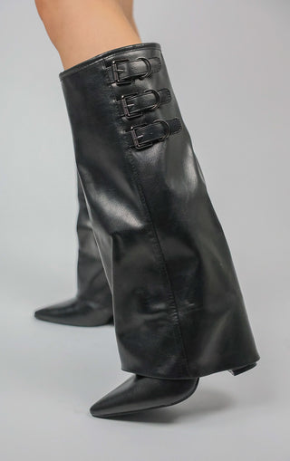 Black PU Leather Fold Over Shark Classic Buckle Knee High Boot