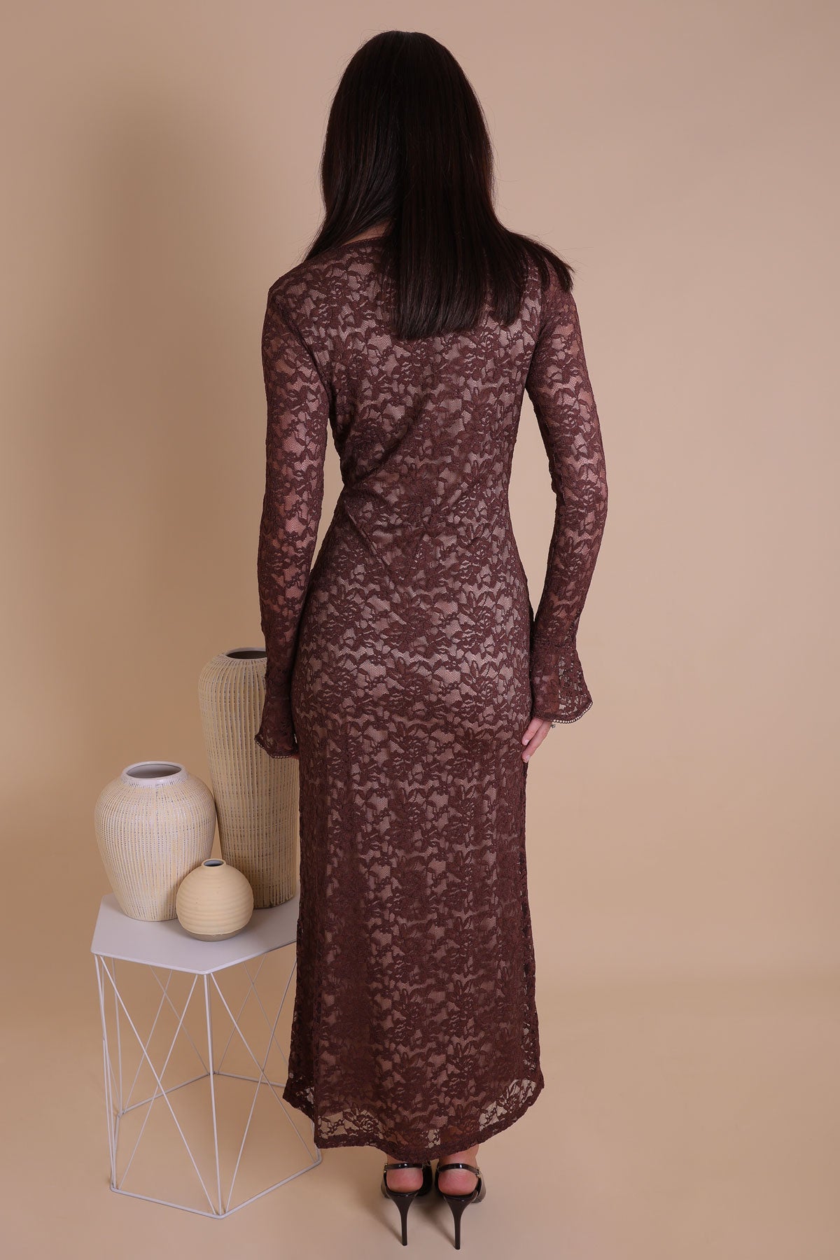 Brown Lace Long Sleeve Bell Cuff Maxi Dress, Small 6-8 Brown Lace Long Sleeve Bell Cuff Maxi Dress, Small 6-8