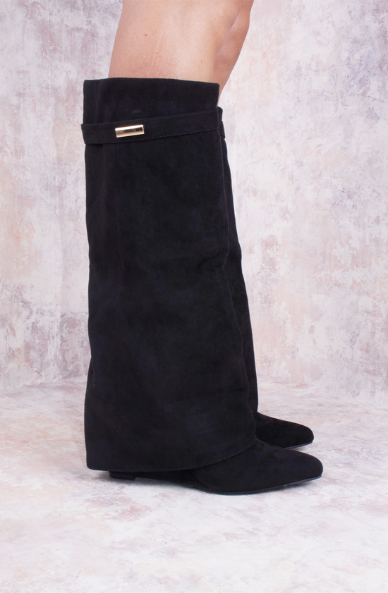 Black Faux Suede Fold Over Shark Classic Wedge Heel Buckle Knee High Boot