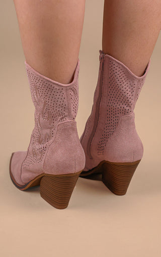 Pink Faux Suede Embroidered Western Pointed Toe Cut Out Cowboy Boots