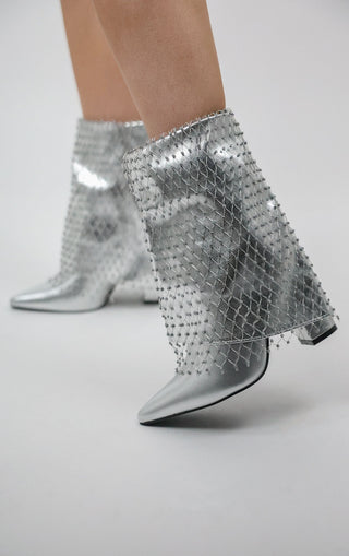 Silver Fold Over Ankle Diamante Fishnet Shark Boot