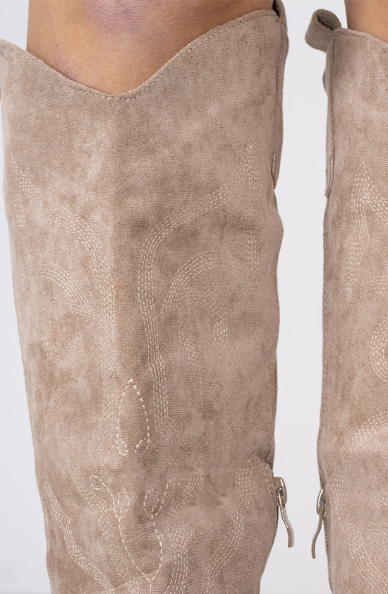 Taupe Faux Suede Knee High Embroidered Heeled Cowboy Boots