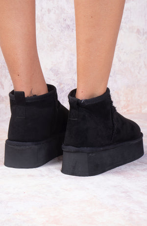 
            
                Load image into Gallery viewer, Black Faux Suede Ultra  Mini Ankle Platform Boots
            
        