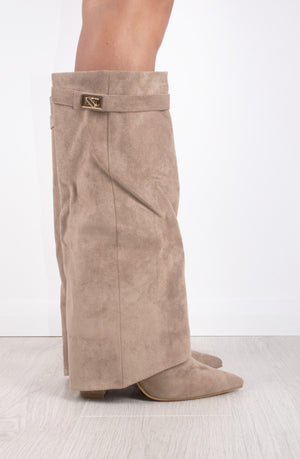 
            
                Load image into Gallery viewer, Taupe Faux Suede Fold Over Shark Classic Buckle Knee High Boot
            
        