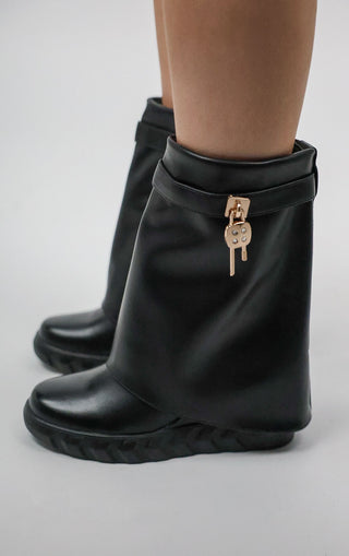 Black Wedge Pu Leather Fold Over Lock Detail Ankle Shark Boot