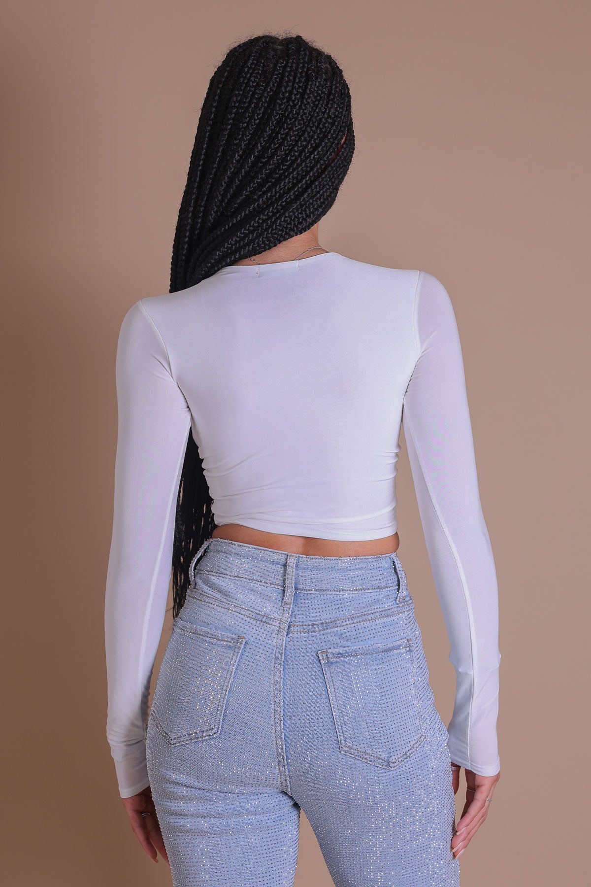 Women's White Twist-Front Crop Top | Cut Out Long Sleeve Top
