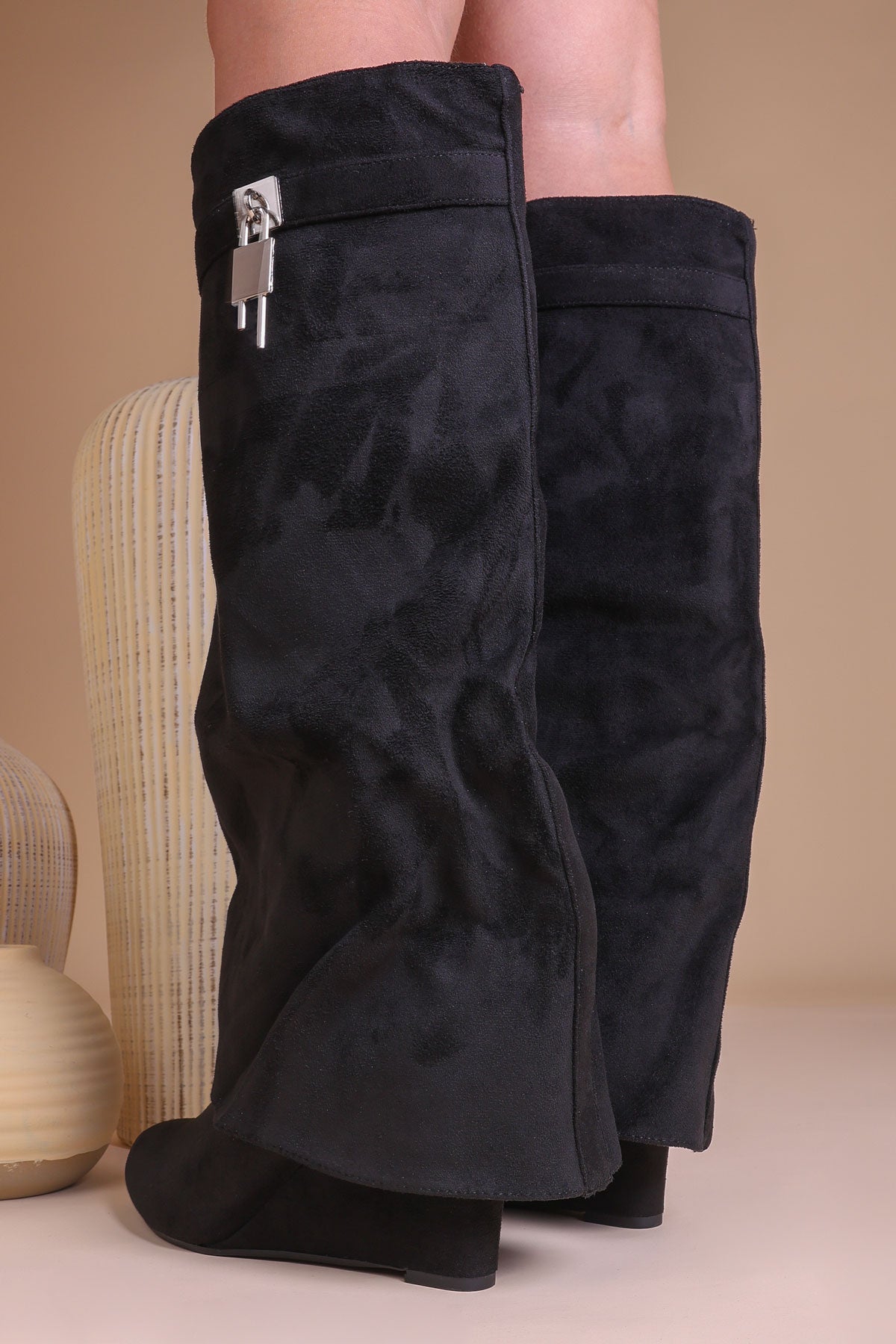 Womens Black Faux Suede Fold Over Wedge Knee-High Lock Buckle Boots ...
