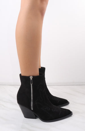 Black Ankle Faux Suede Embroidered Cowboy Boot