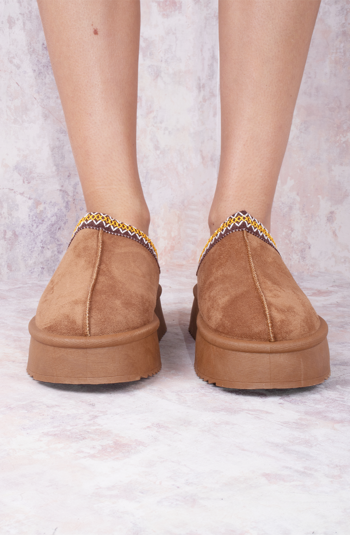 Load image into Gallery viewer, Camel Tazmin Aztec Detail Faux Fur Lining Platform Faux Suede Slipper

