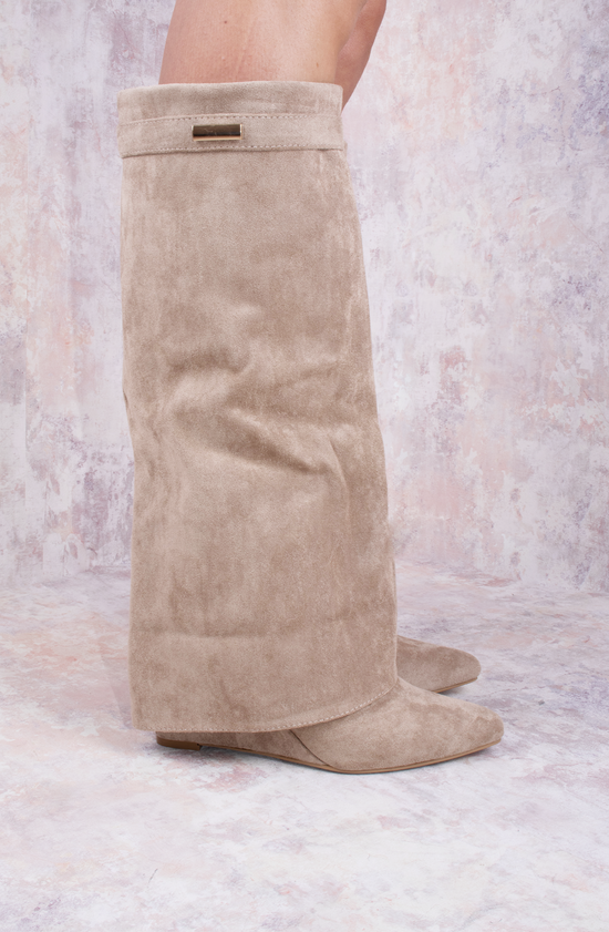Load image into Gallery viewer, Taupe Faux Suede Fold Over Shark Classic Wedge Heel Buckle Knee High Boot
