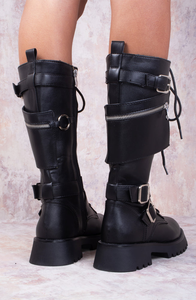 
            
                Load image into Gallery viewer, Britney Black Biker Buckle Lace Up Chunky Calf Boots
            
        