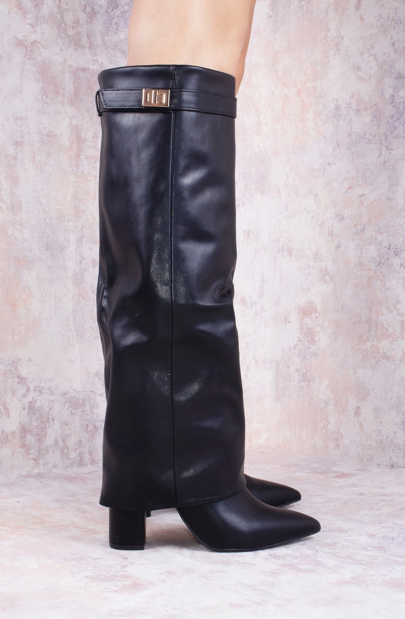 Black Leather Fold Over Shark Velcro Buckle Knee High Boot