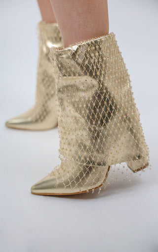 Gold Fold Over Ankle Diamante Fishnet Shark Boot