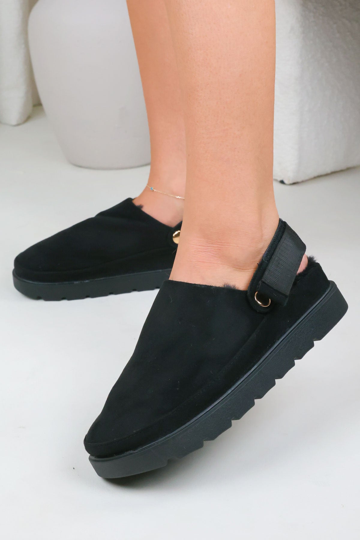 Womens Black Cozy Faux Fur Lined Mule with Velcro Strap - Miss