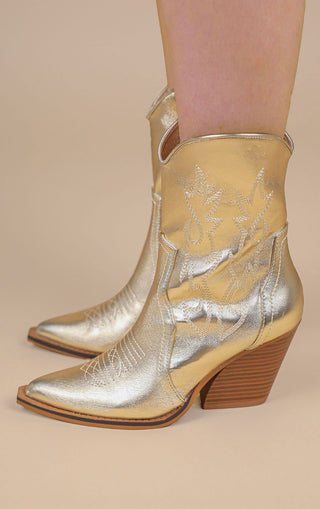 Gold Faux Suede Embroidered Western Pointed Toe Cowboy Boots