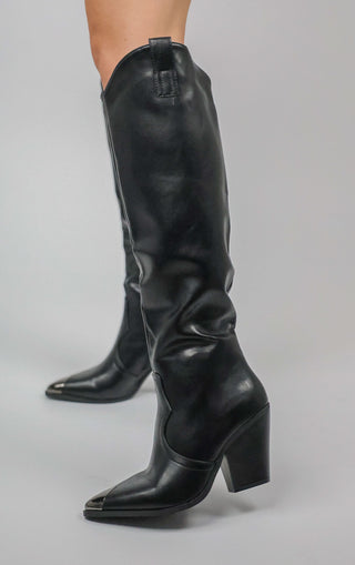 Black PU Leather Knee High Toe Cap Cowboy Boot