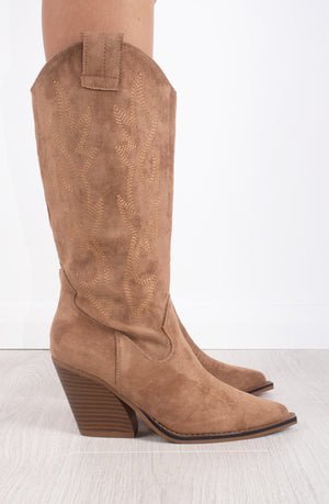 
            
                Load image into Gallery viewer, Camel Faux Embroidered Suede Knee High Block Heel Cowboy Boots
            
        