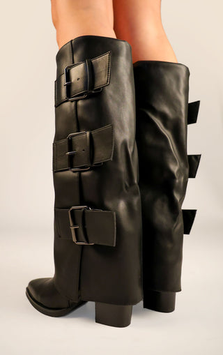 Black Leather Fold Over Black Buckle Strap Shark Knee High Boot