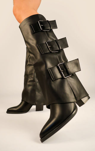 Black Leather Fold Over Black Buckle Strap Shark Knee High Boot