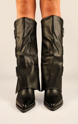 Black Leather Fold Over Black Buckle Strap Shark Knee High Boot