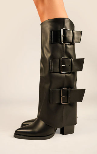 Black Leather Fold Over Black Buckle Strap Shark Knee High Boot