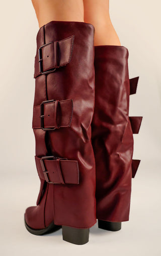 Wine Leather Fold Over Black Buckle Strap Shark Knee High Boot