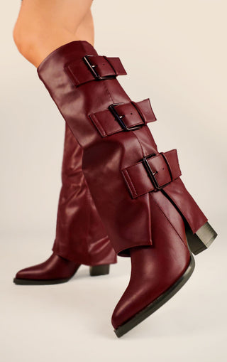 Wine Leather Fold Over Black Buckle Strap Shark Knee High Boot