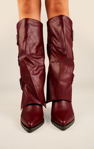 Wine Leather Fold Over Black Buckle Strap Shark Knee High Boot