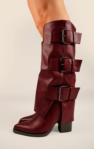 Wine Leather Fold Over Black Buckle Strap Shark Knee High Boot