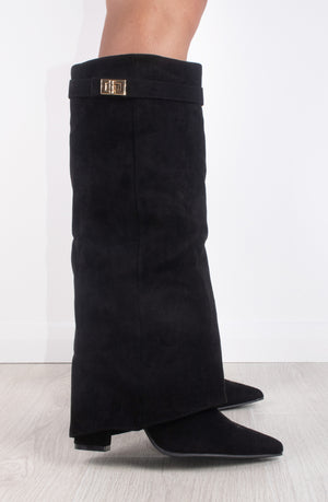 
            
                Load image into Gallery viewer, Black Faux Suede Fold Over Shark Classic Buckle Knee High Boot
            
        