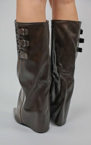 Brown Knee High Fold Over Buckle Boots